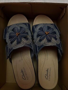 Clarks Navy Floral Applique Slide Sandals